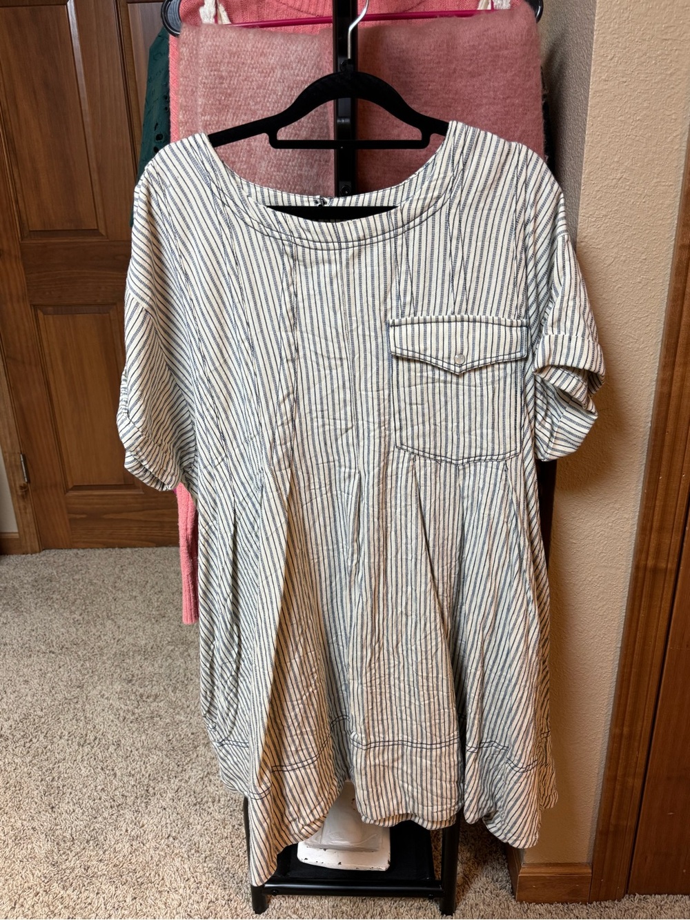 Pilcro Cream Dress with Navy Pinstripes and Pocket